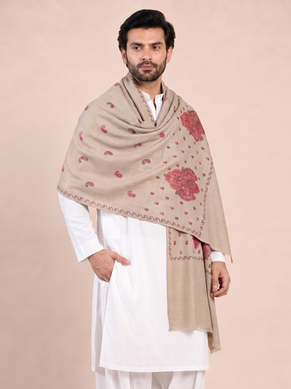 Fine Embroidery Paper Mache Kashmiri Wool Shawl for Men | Brown