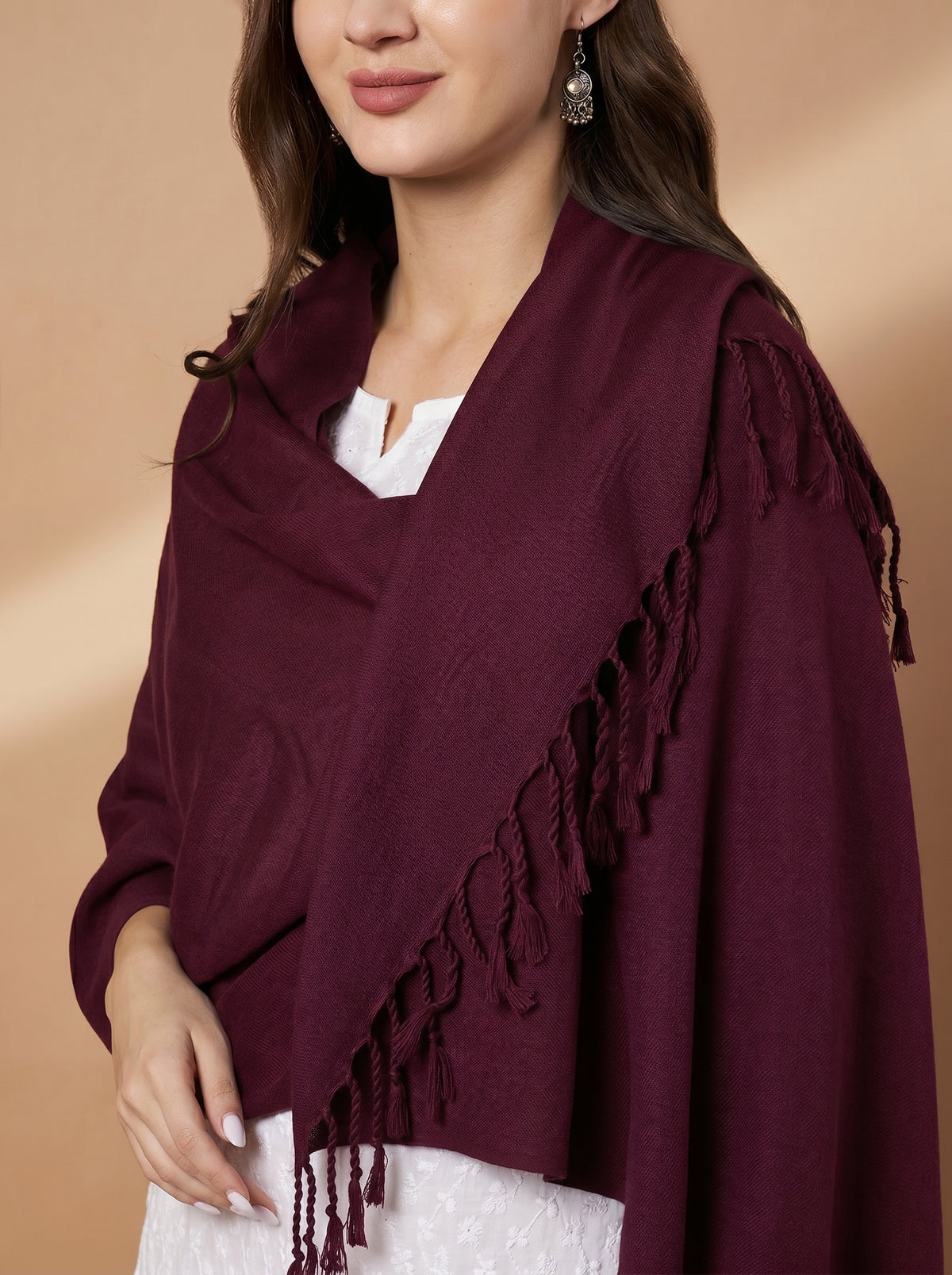 Plain Wine Woolen Stole for Women | Wine - view 5