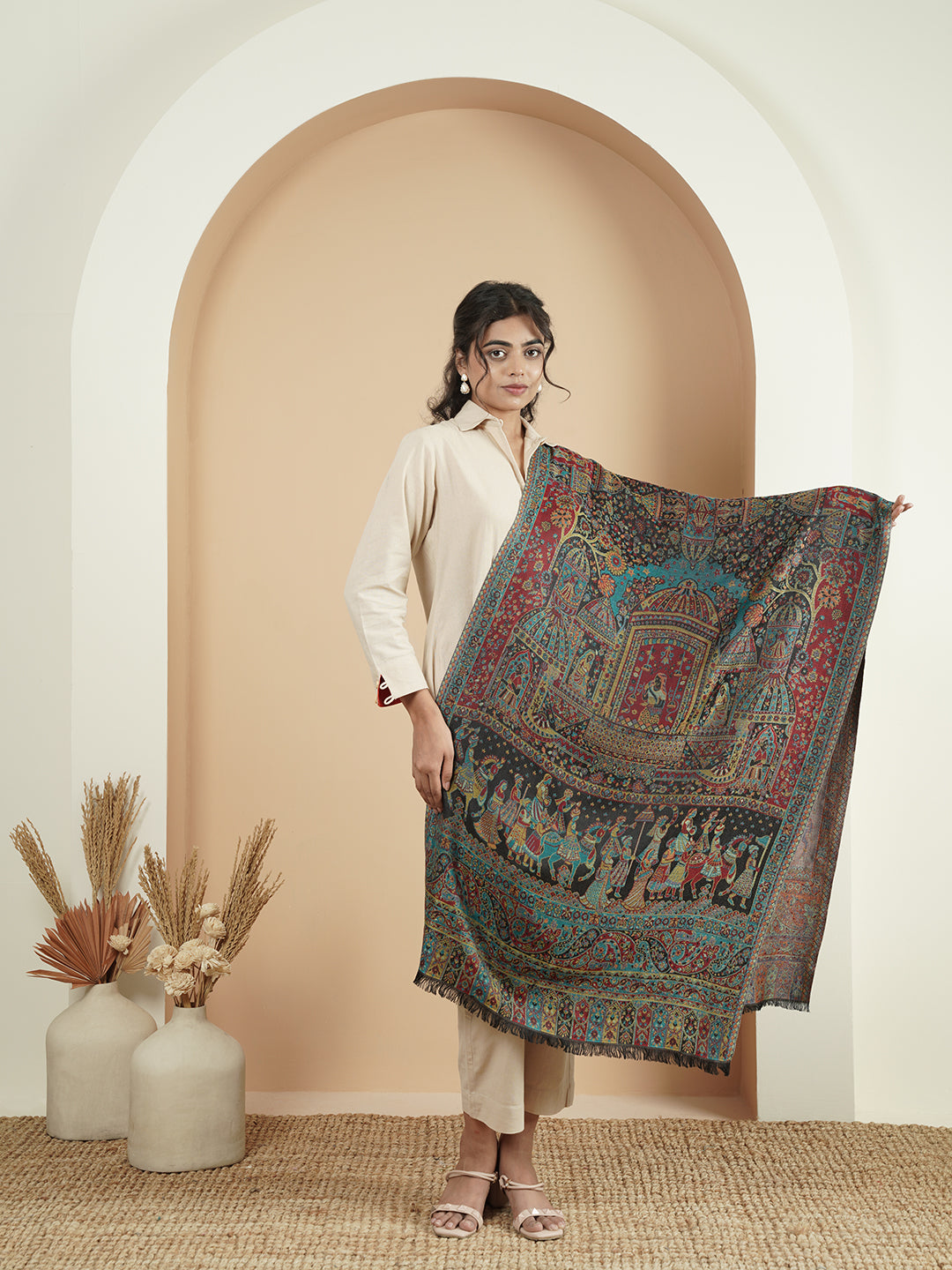 Kani Darbar Weave Soft Woolen Stole for Women | Black