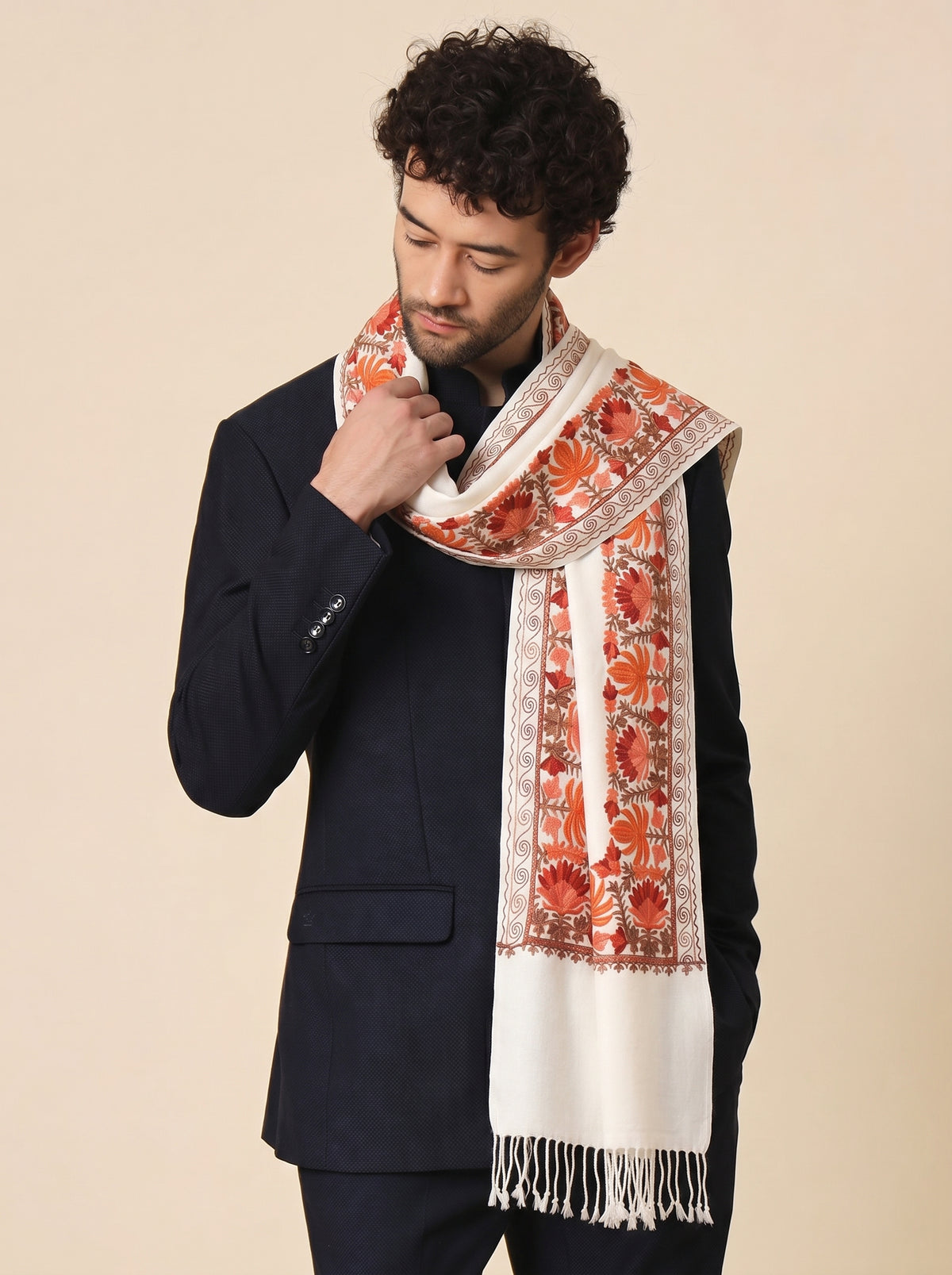 Kashmiri Aari Embroidery Woollen Stole for Men | Off White - view 2