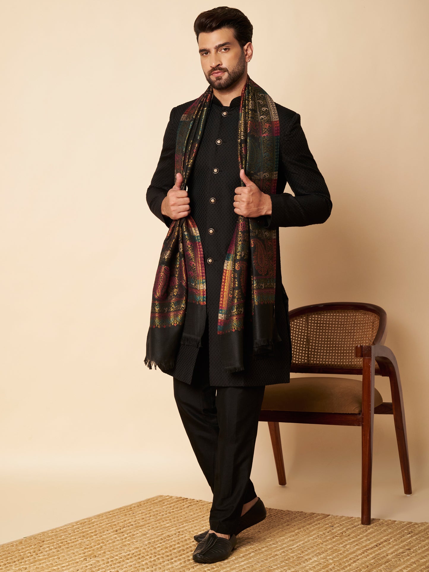Multicolor Paisley Kani Weave with Zari Work | Black