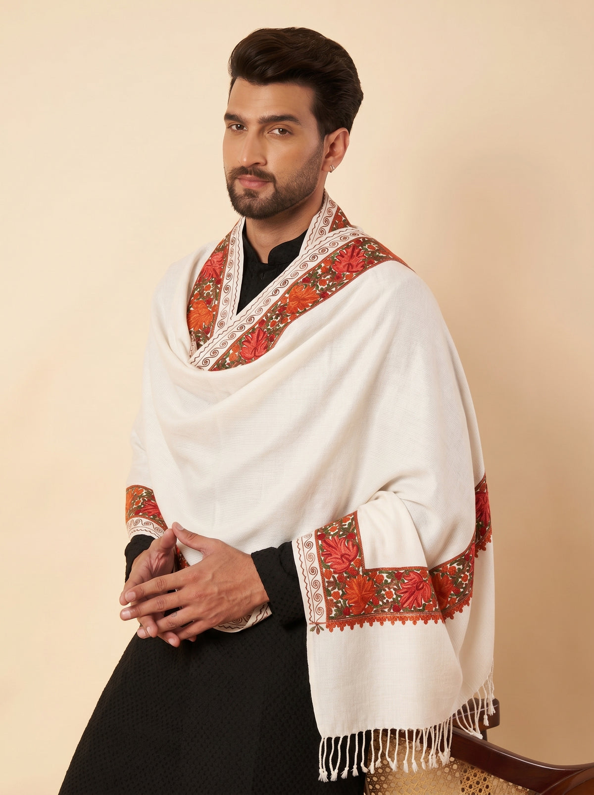 Kashmiri Aari Embroidery Woollen Stole for Men | White