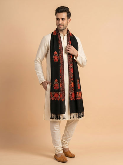 Kashmiri Aari Embroidered Woollen Stole for Men | Black - view 3