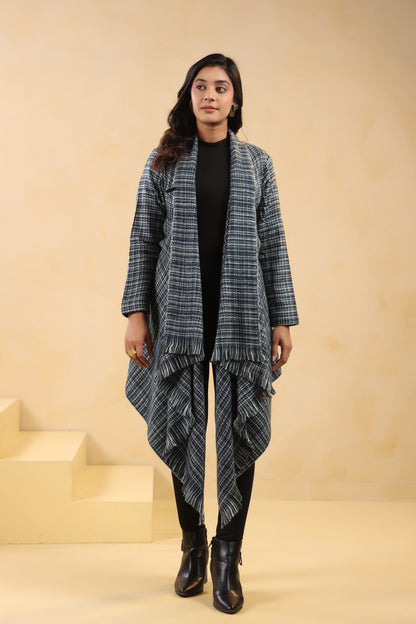 Women's Full Sleeve Woolen Checkered Shrug Cardigan | Grey Black
