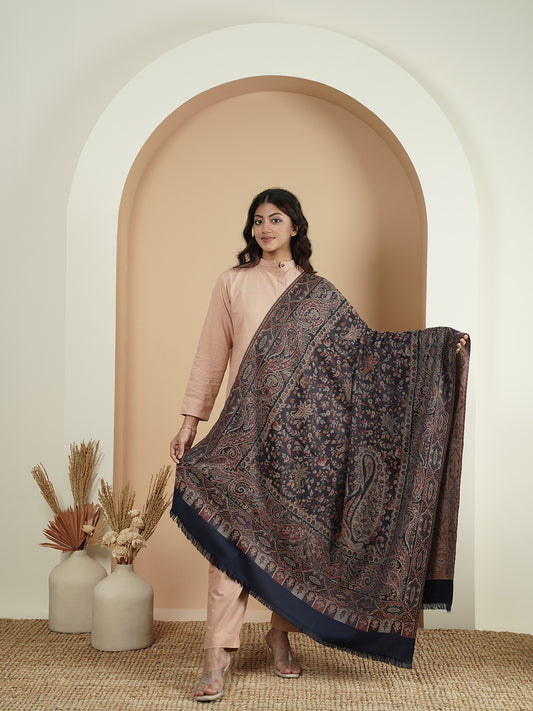 Warm Faux Pashmina Floral Jacquard Woven Jamawar Shawl (Navy Blue)