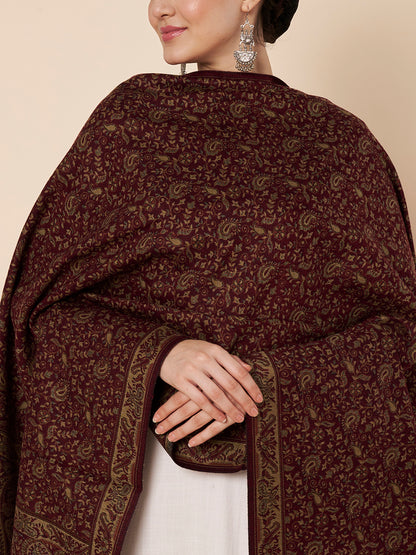 Woollen Kani Shawl with Intricate Kashmiri Paisley & Floral Woven Design | Maroon