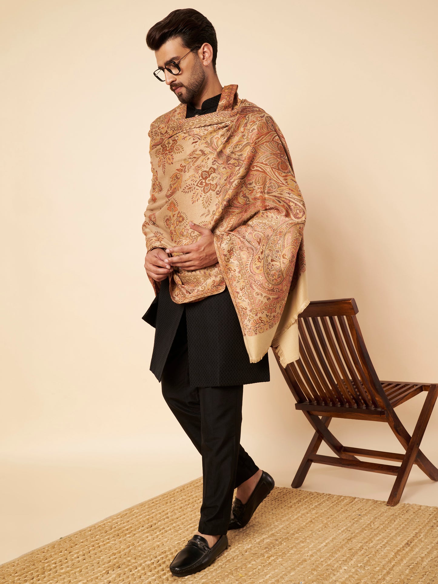 Warm Faux Pashmina Jacquard Woven Jamawar Mughal Shawl (Beige)