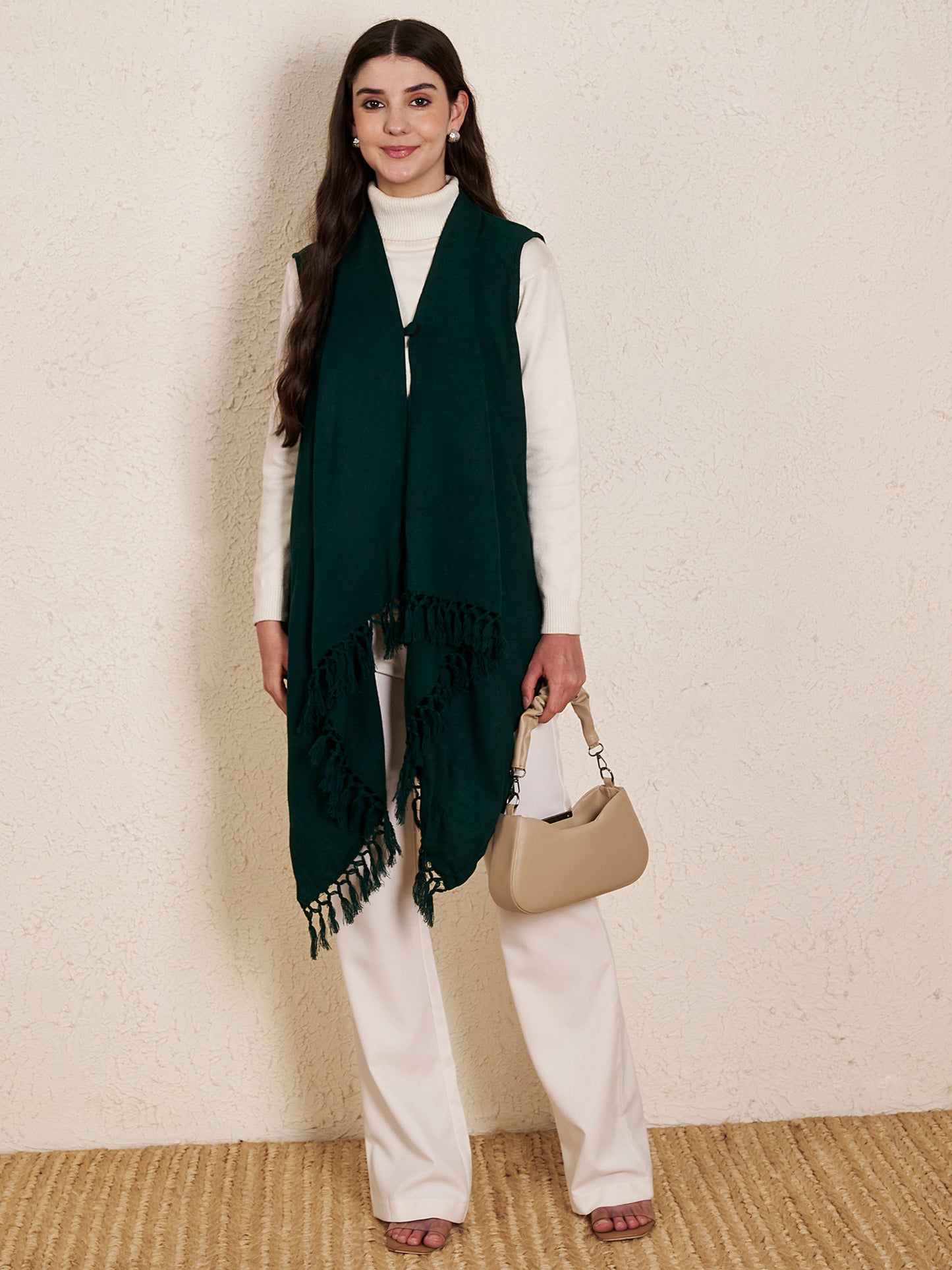 Women's Sleeveless Plain Shrug Cardigan | Bottle Green