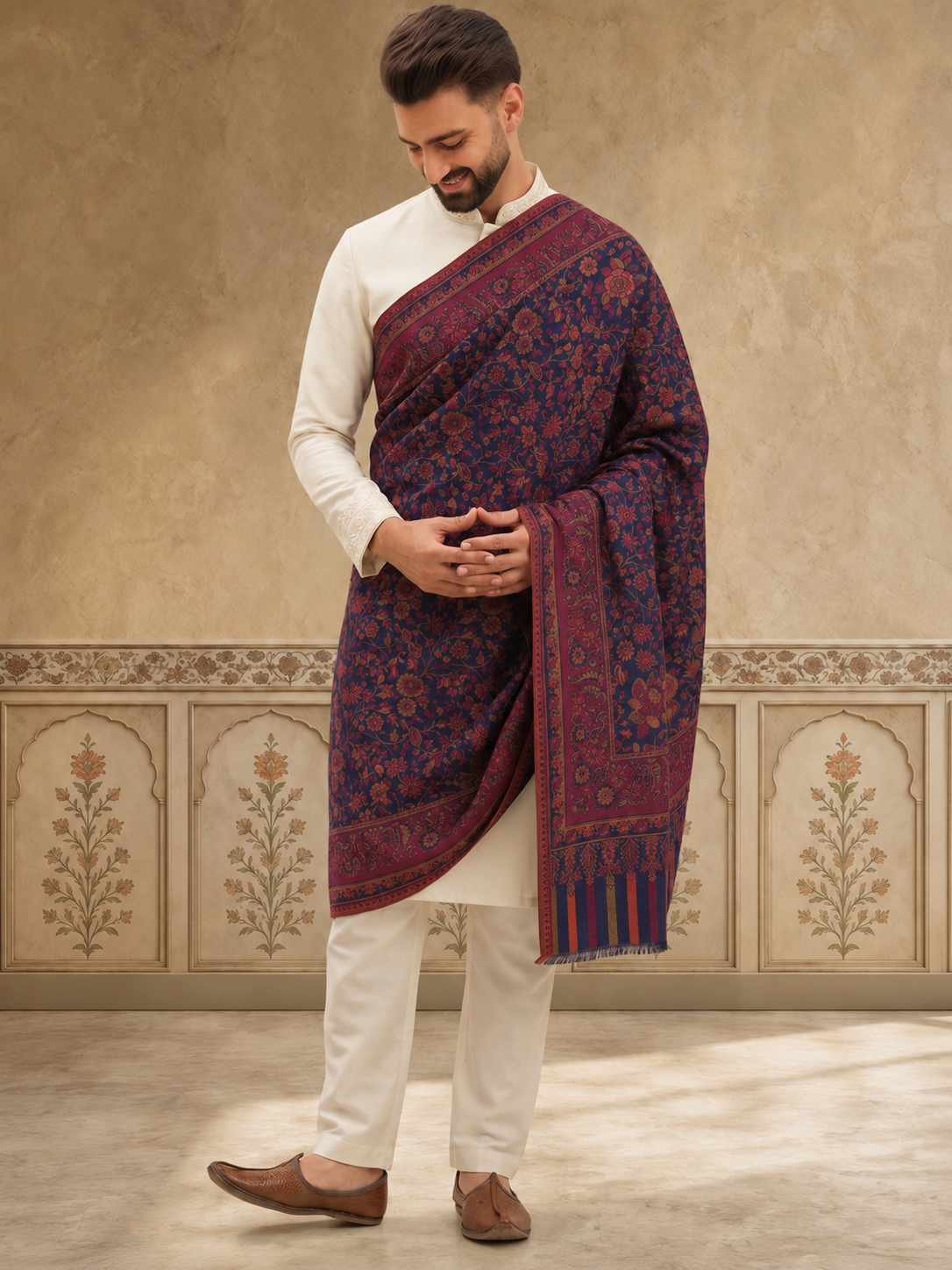 Kani Weave Floral Jaal Pattern Shawl for Men | Blue