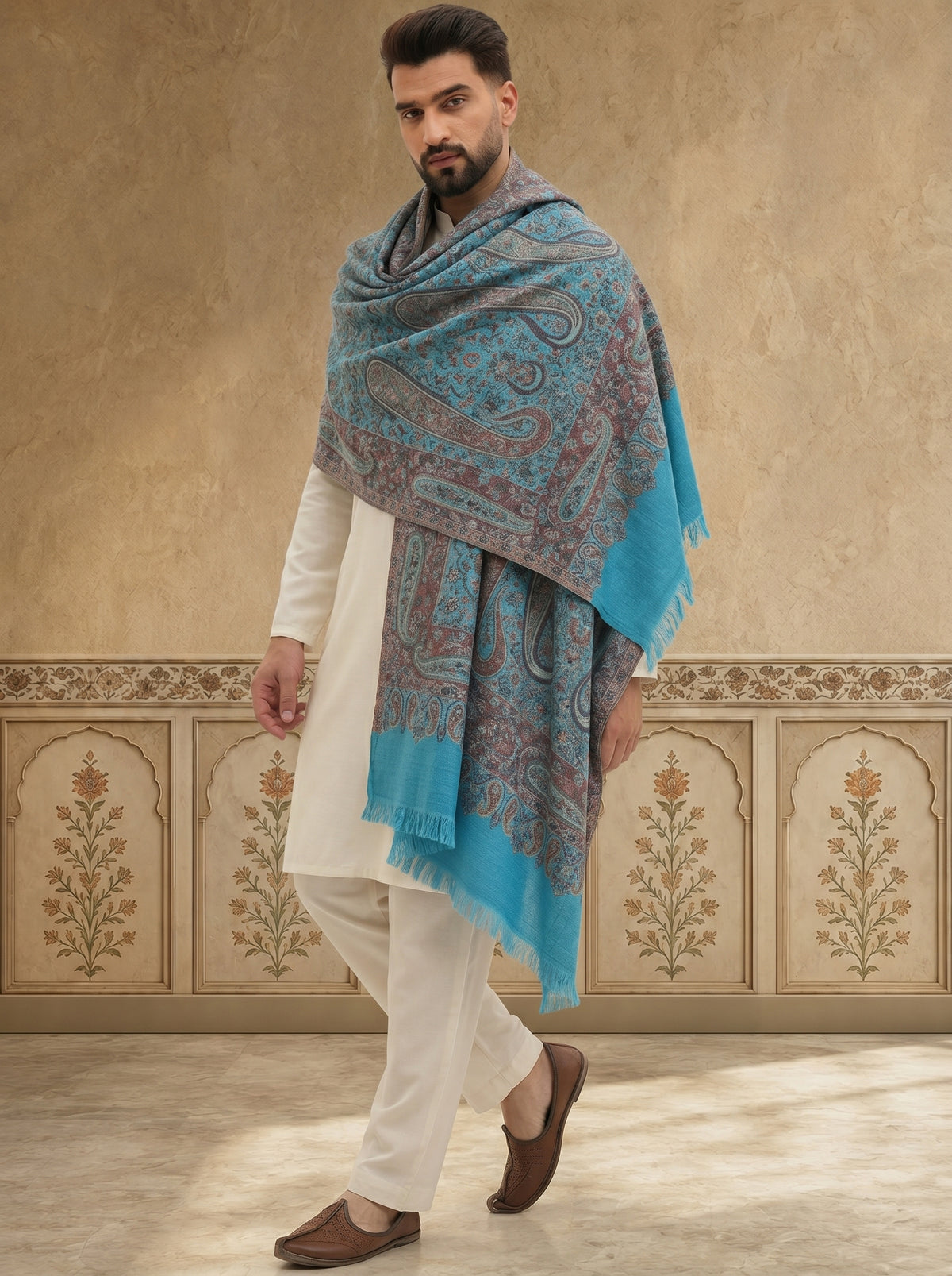 Kani Pure Wool Shawl for Men with Paisley Equisite Royal Pattern | Cyan - view 5