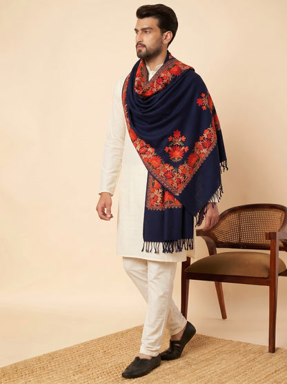 Kashmiri Aari Embroidery Woollen Stole for Men | Blue - view 4