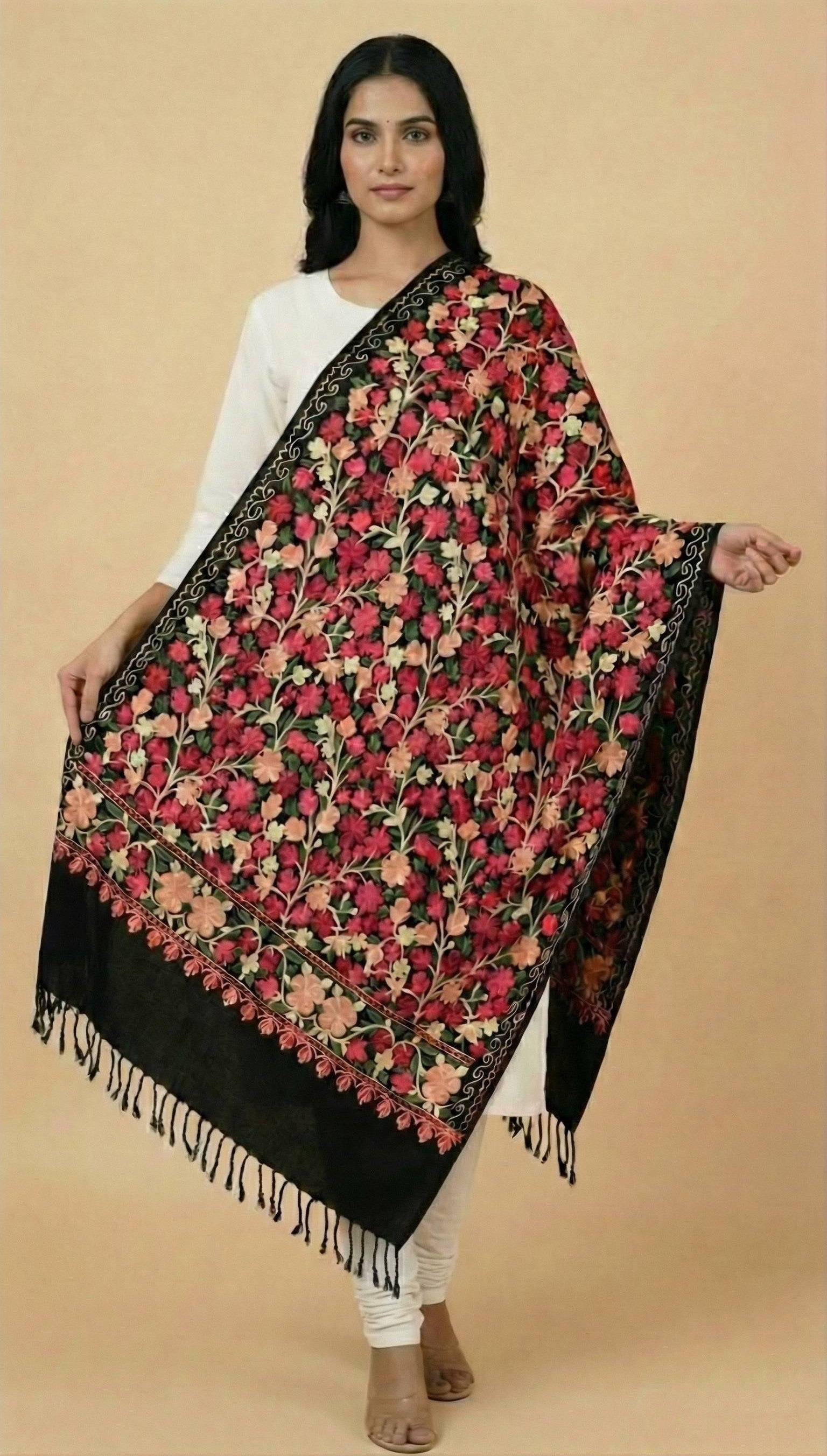 Kashmiri Aari Embroidery Woollen Stole for Women | Black