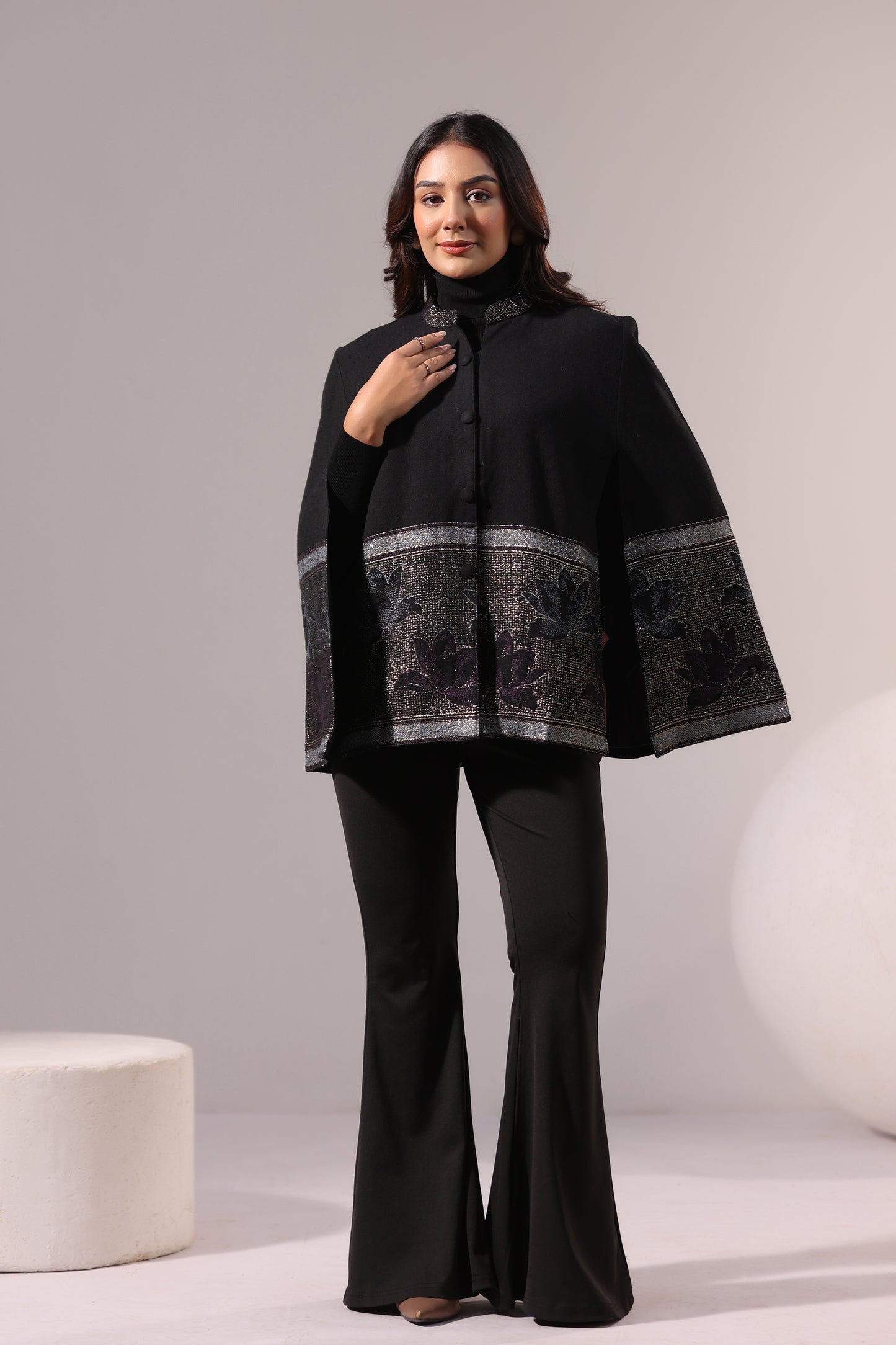 Women's Woven Cape Jacket with Zari Lotus Border | Black
