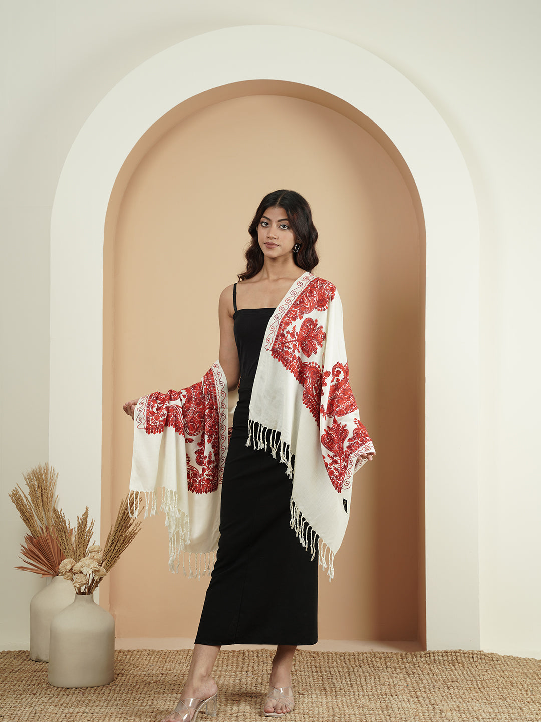 Floral Kashmiri Embroidery Warm Stole with Fringed Border | White