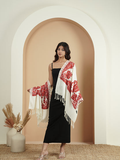 Floral Kashmiri Embroidery Warm Stole with Fringed Border | White