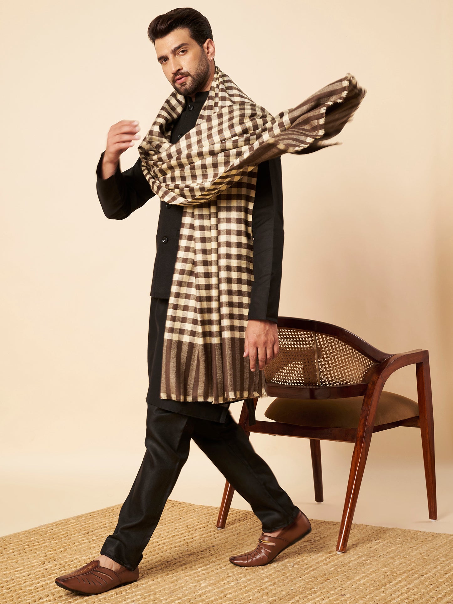 Men's Woollen Lohi Shawl | Brown White Check