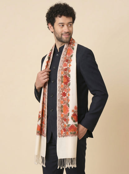 Kashmiri Aari Embroidery Woollen Stole for Men | White - view 5