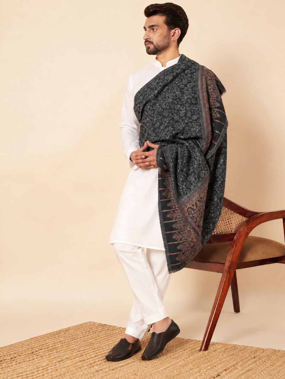 Kani Floral Weave Soft Woolen Shawl for Men | Black - view 2