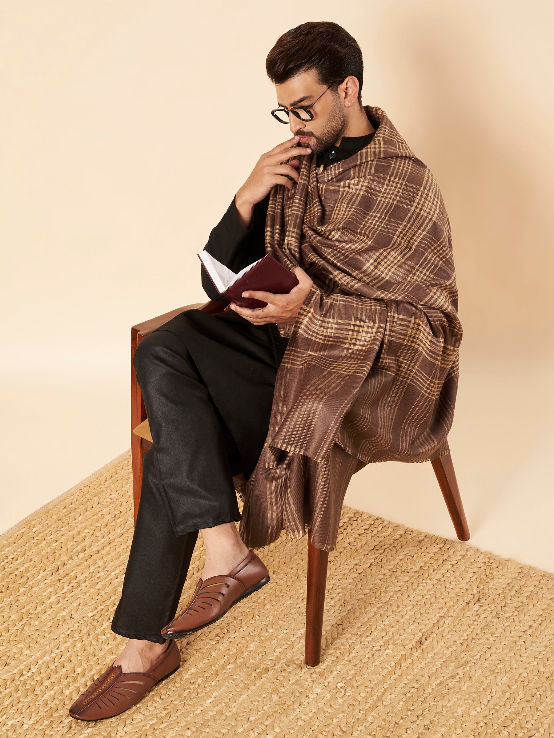 Men's Woollen Lohi Shawl | Brown Stripe Check - view 3