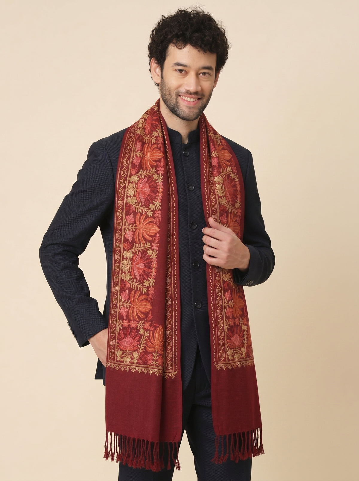 Kashmiri Aari Embroidery Woollen Stole for Men | Red - view 4
