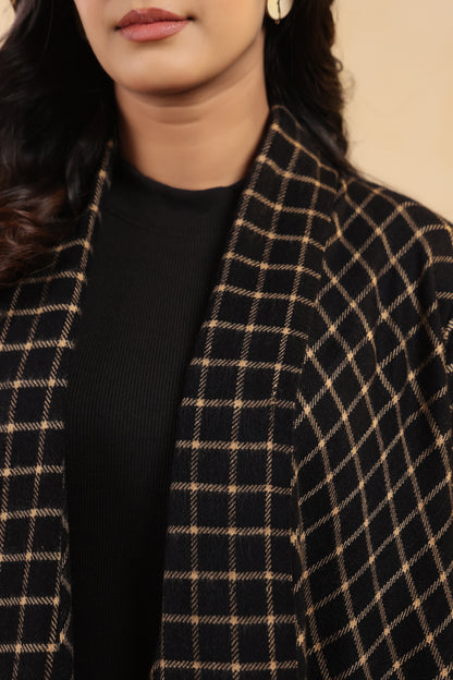 Women's Full Sleeve Woolen Checkered Shrug Cardigan | Black Check