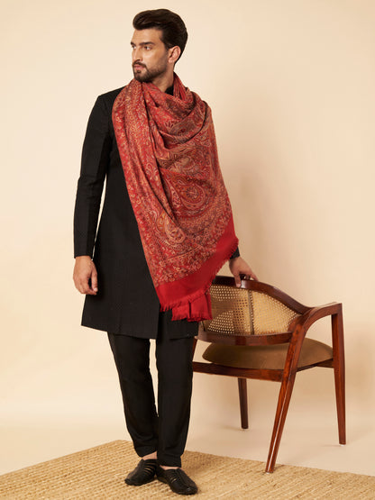 Warm Faux Pashmina Jacquard Woven Jamawar Mughal Shawl (Red)