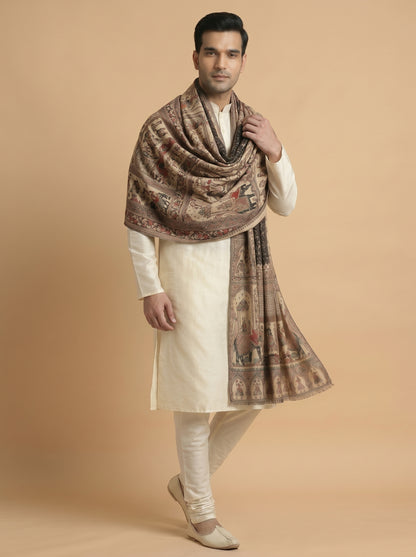 Kani Weave Woven Shawl for Men in Royal Mughal Patterns | Black - view 3