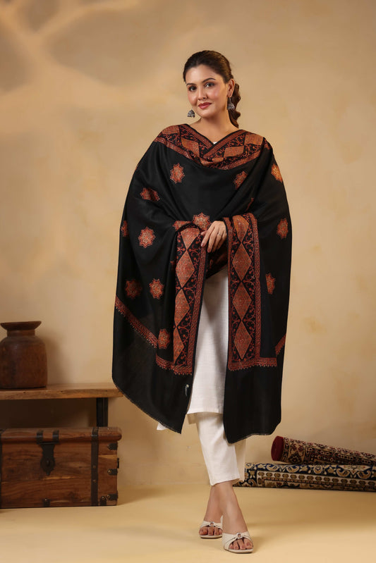 Kashmiri Sozni Floral Embroidery Shawl | Black