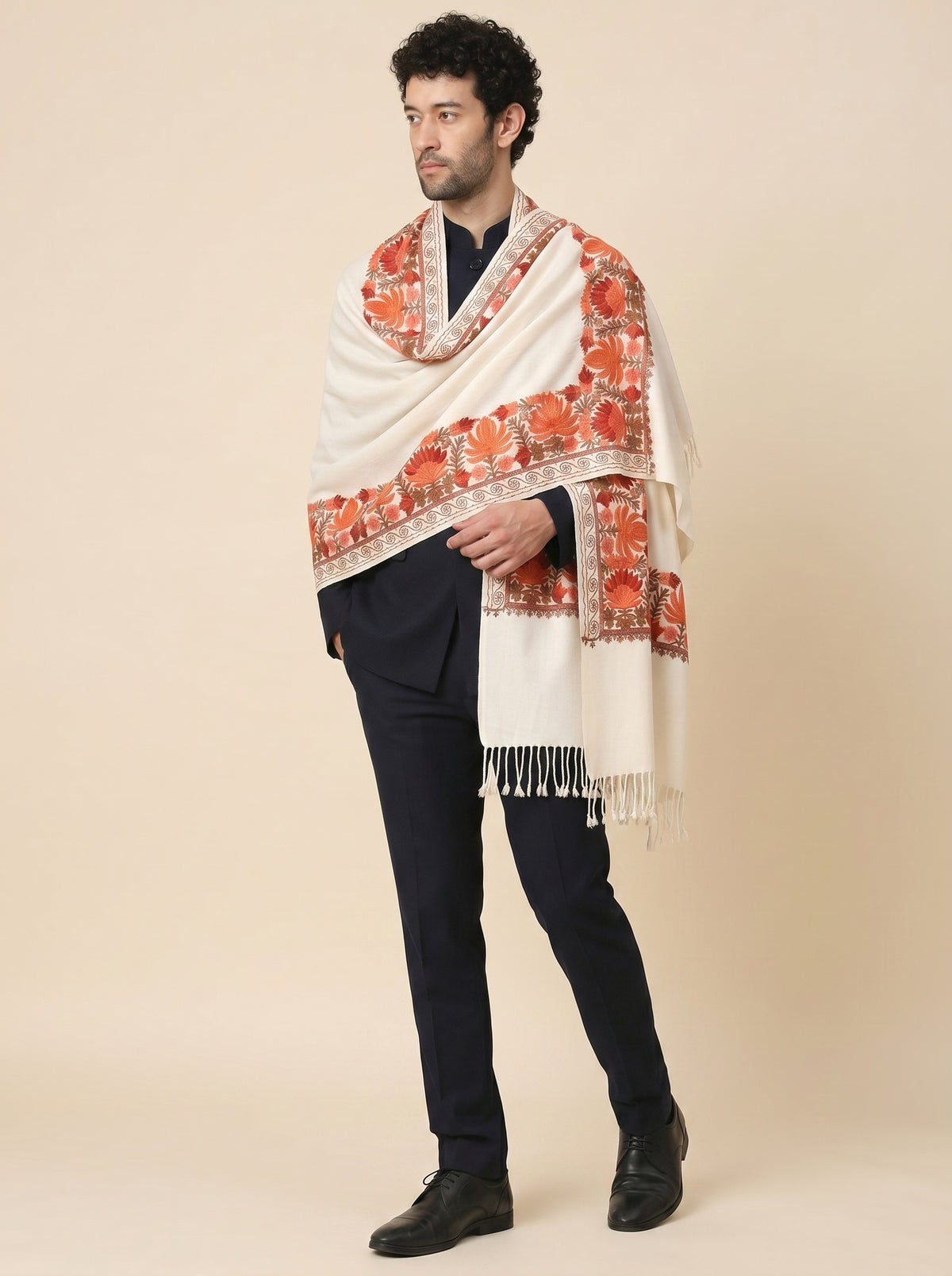 Kashmiri Aari Embroidery Woollen Stole for Men | Off White - view 4