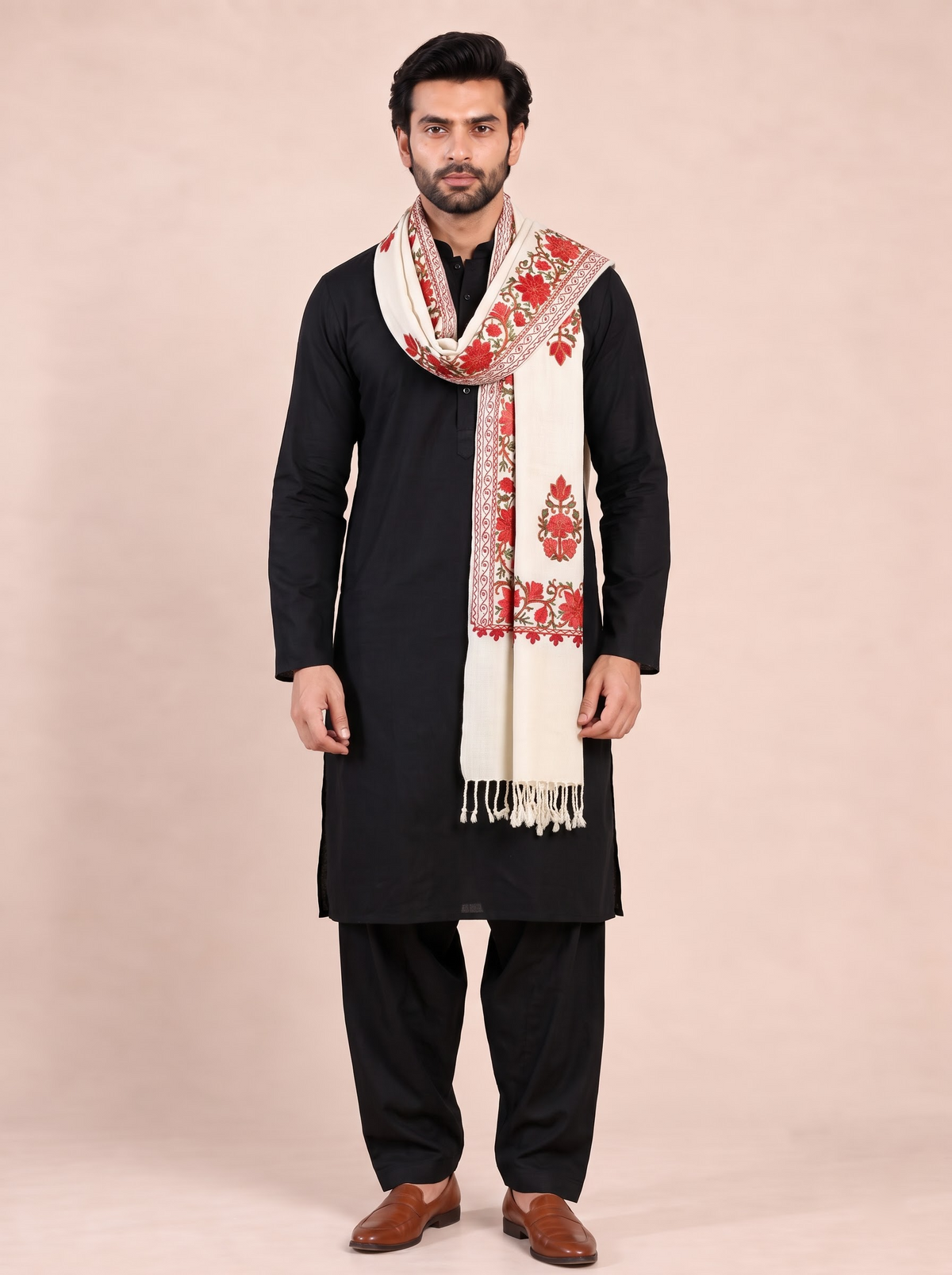 Kashmiri Aari Embroidered Woollen Stole for Men | Off White - view 3