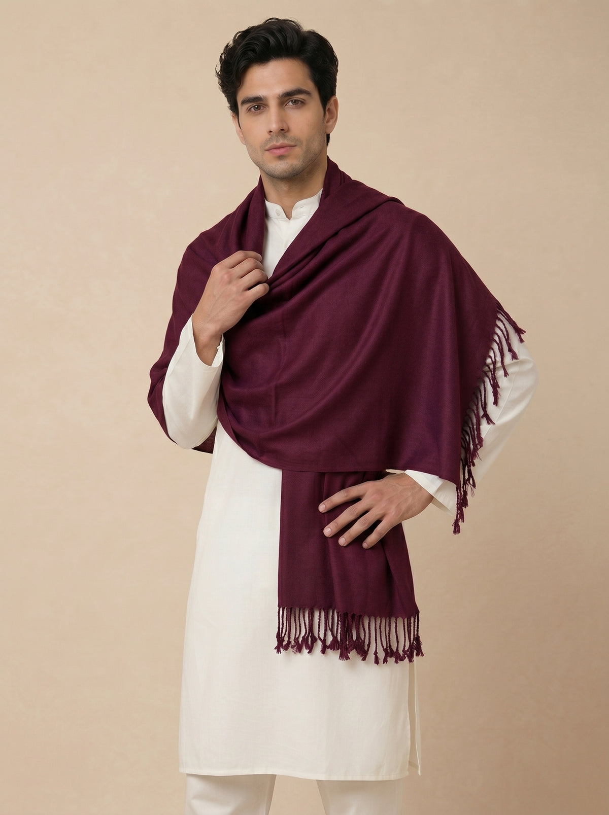 Men Lightweight Solid Color Warm Stole | Wine - view 4