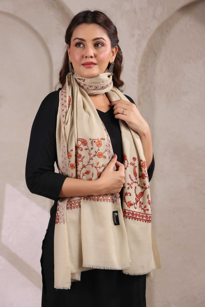 Sozni Floral Embroidery Kashmiri Shawl | Beige