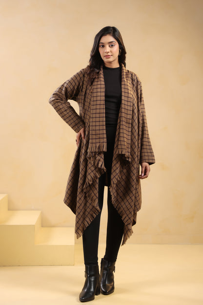 Women's Full Sleeve Woolen Checkered Shrug Cardigan | Brown Check