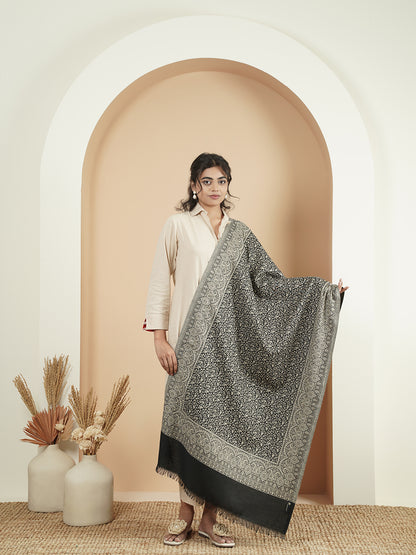 Floral All-over Kani Weave Woolen Stole with Paisley Border | Black