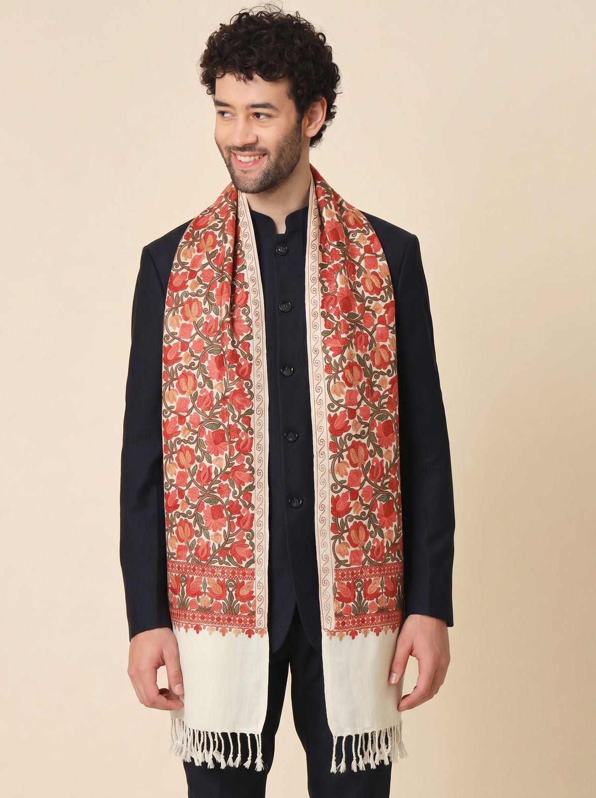 Kashmiri Aari Embroidery Woollen Stole for Men | Off White