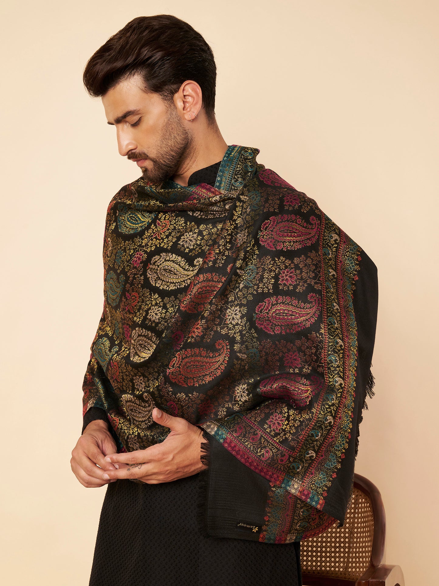 Multicolor Paisley Kani Weave with Zari Work | Black
