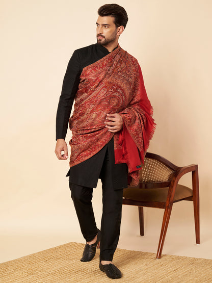 Warm Faux Pashmina Jacquard Woven Jamawar Mughal Shawl (Red)