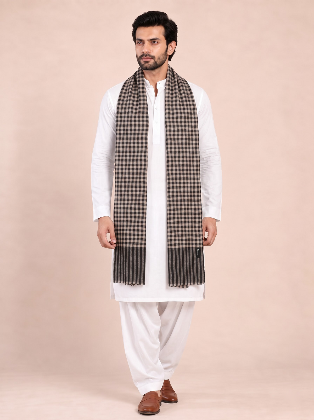 Pure Wool Woven Checks Soft Touch Stole for Men | Black - view 2