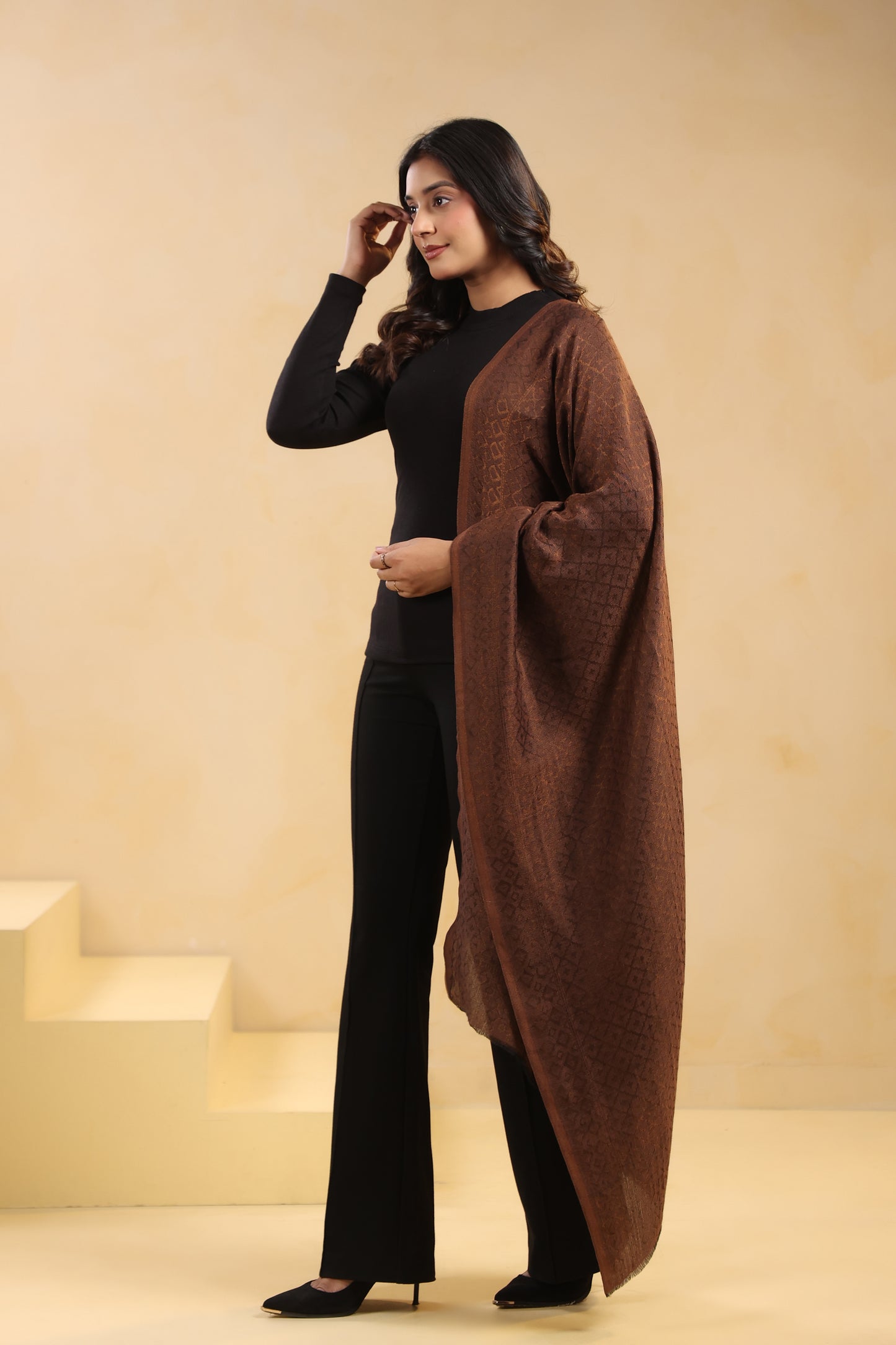 Fine Wool Solid Self Design Zari Stole | Brown
