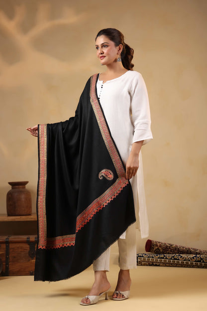 Kashmiri Sozni Zari Embroidery Shawl | Black
