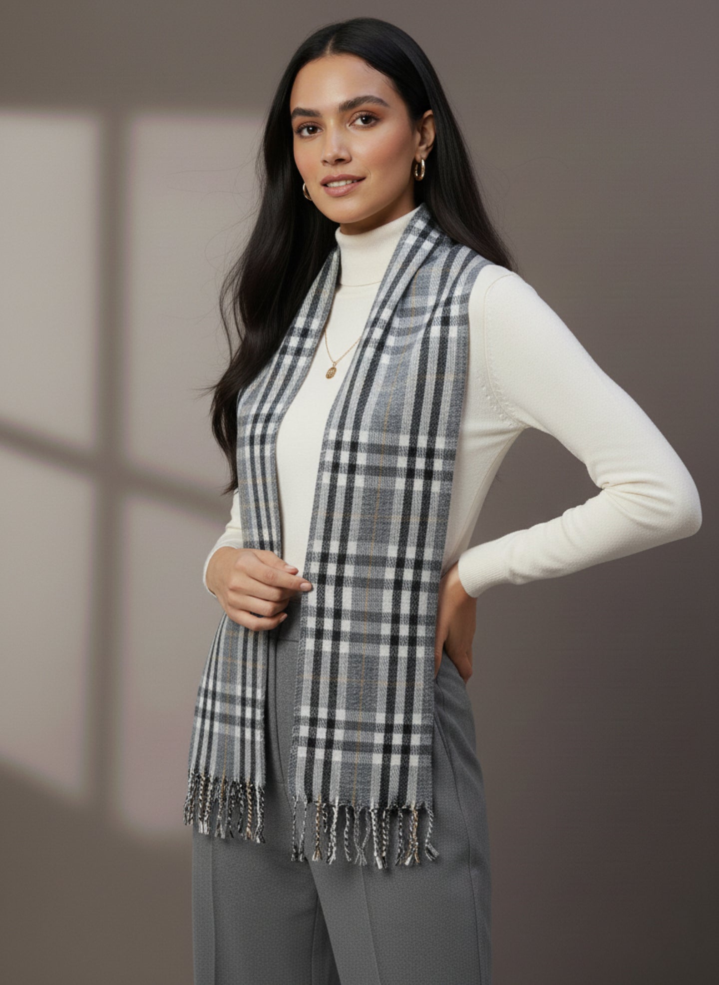 Soft Woollen Muffler for Women | Grey Black Check Scarf