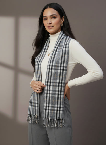 Soft Woollen Muffler for Women | Grey Black Check Scarf