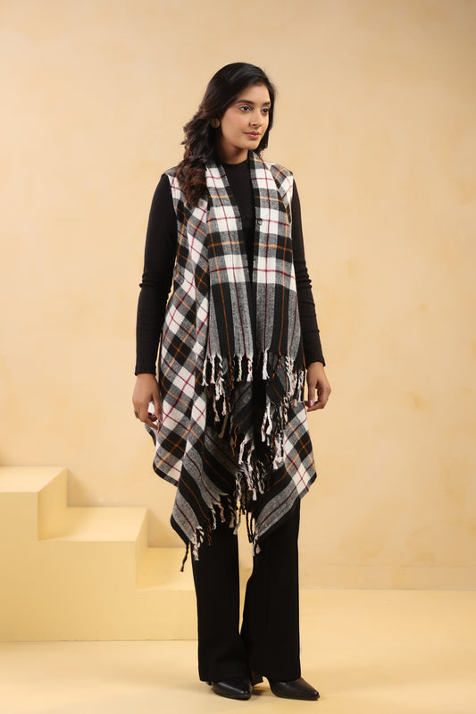 Women's Sleeveless Checkered Shrug Cardigan | White