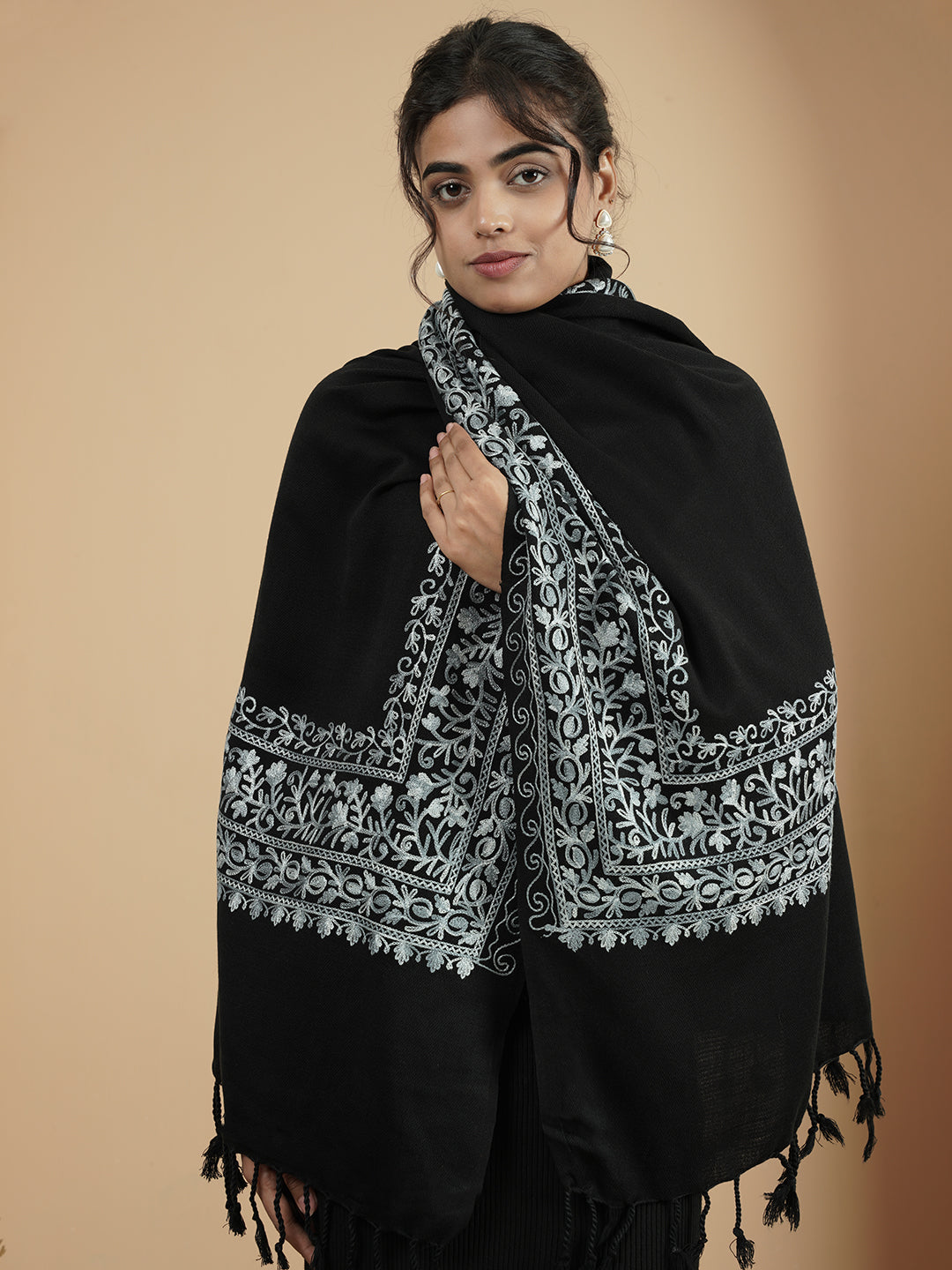 Floral Kashmiri Embroidery Warm Stole with Fringed Border | Black