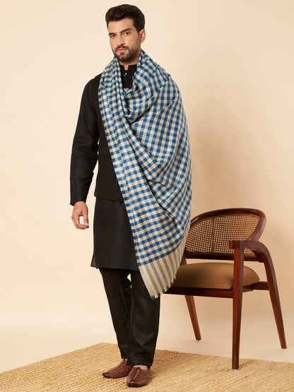 Men's Woollen Lohi Shawl | Blue Grey Check