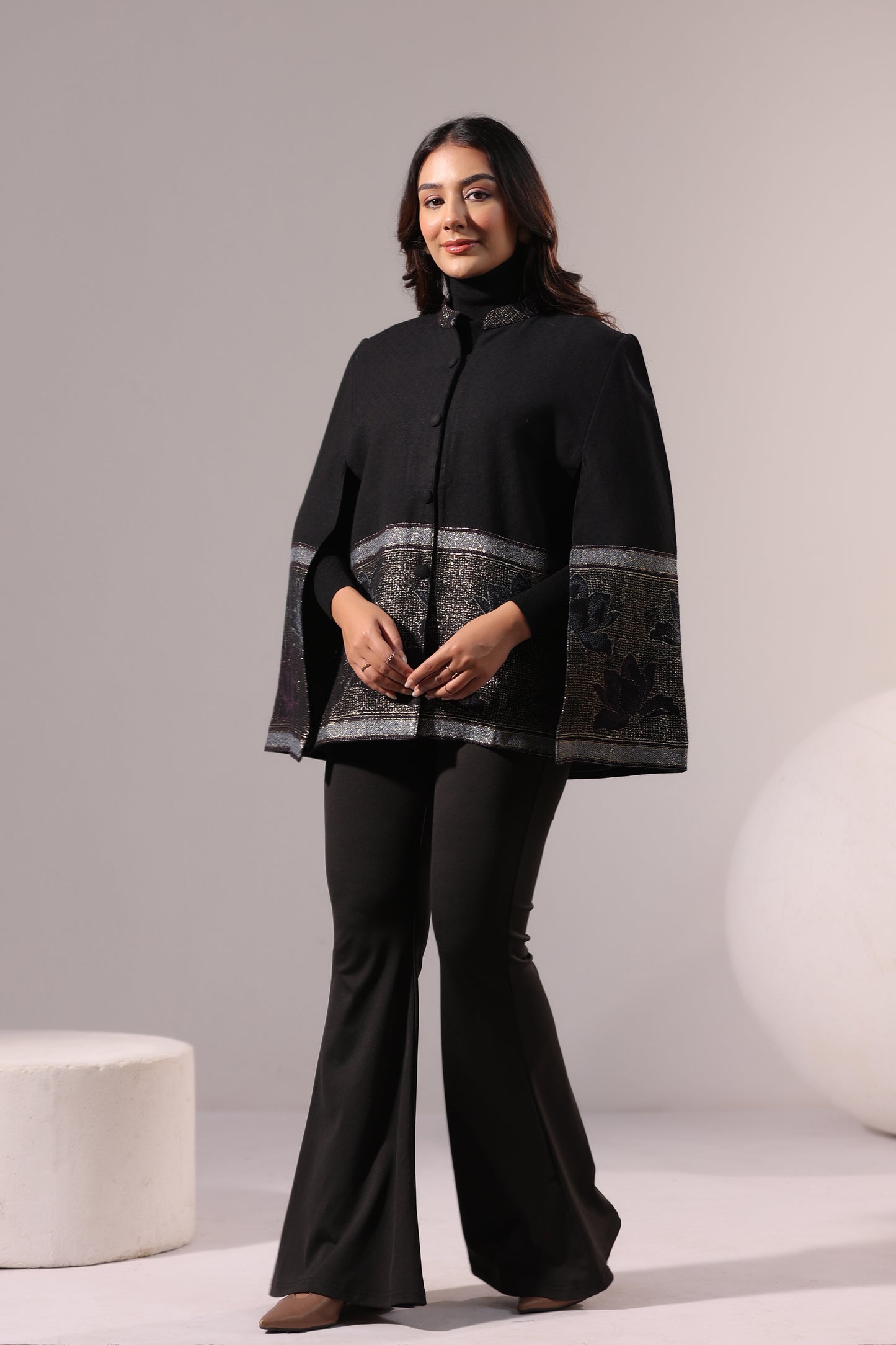 Women's Woven Cape Jacket with Zari Lotus Border | Black