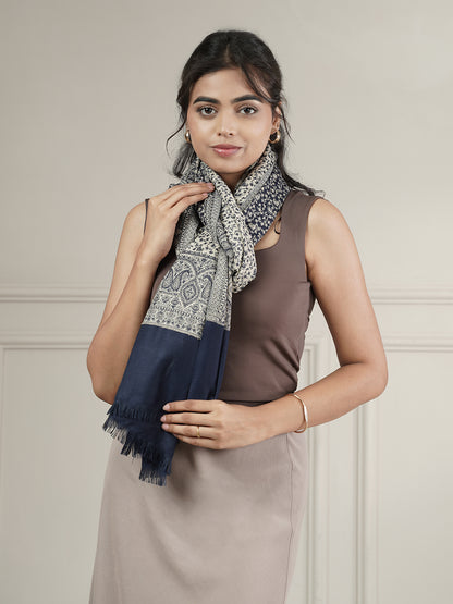 Floral All-over Kani Weave Woolen Stole with Paisley Border | Blue