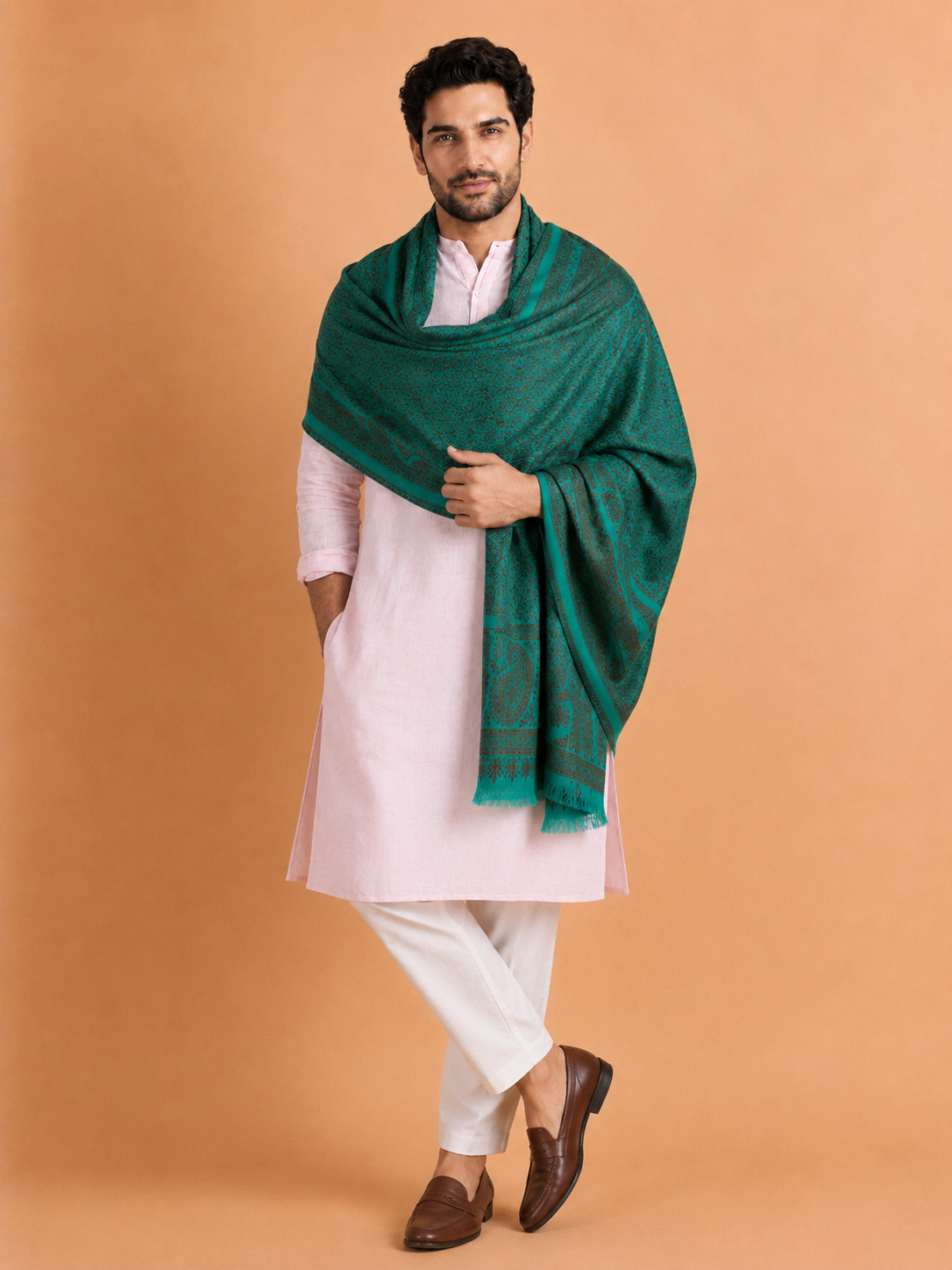 Kashmiri Kani Stole for Men in Floral Weaving | Green - view 5
