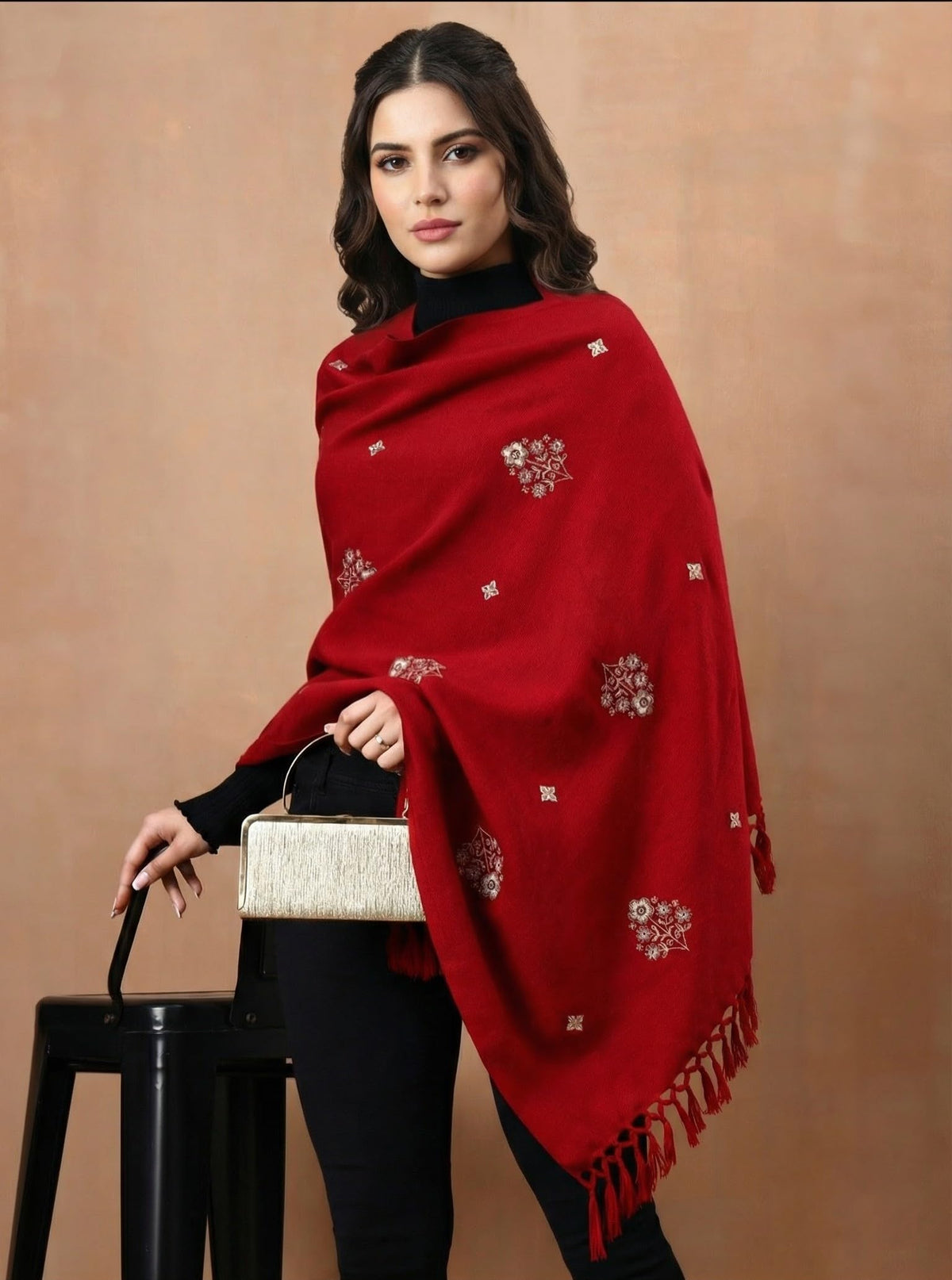 Woolen Embroidered Stole for Women | Red - view 4