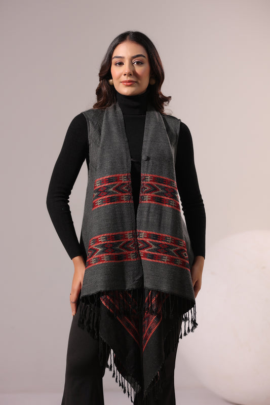 Women's Sleeveless Kullu Pattern Shrug Cardigan | Grey